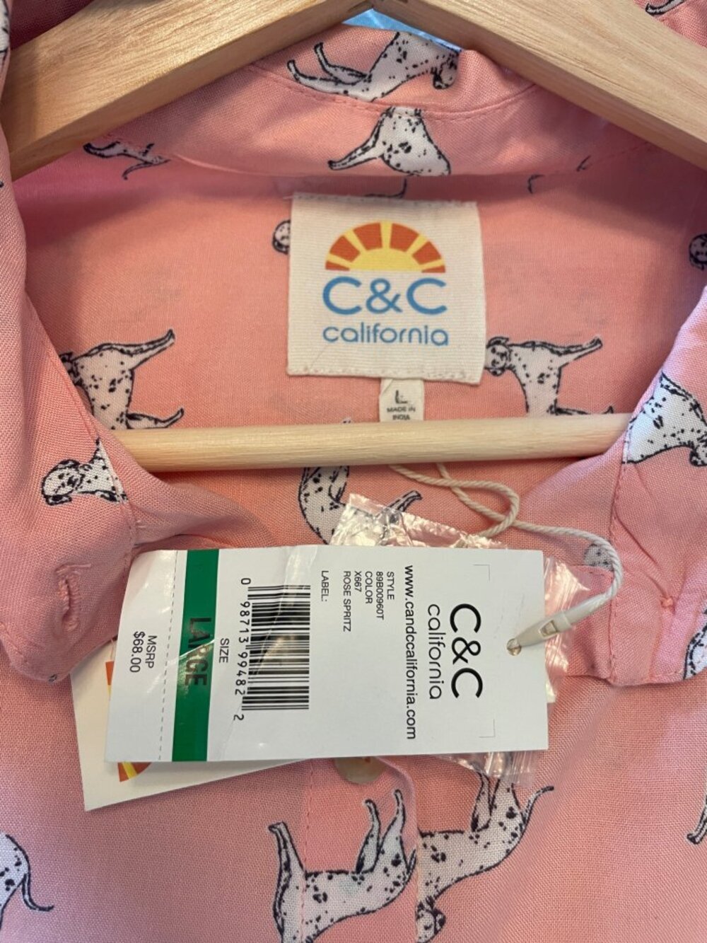 C&C California Button Up Long Sleeve Blouse Shirt LARGE Pink Dogs NEW - Picture 9 of 10